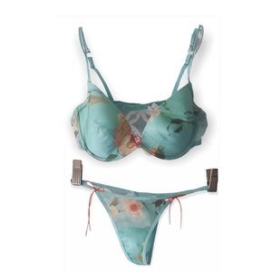 Lite blue- teal floral print bra / panty set - sheer soft material